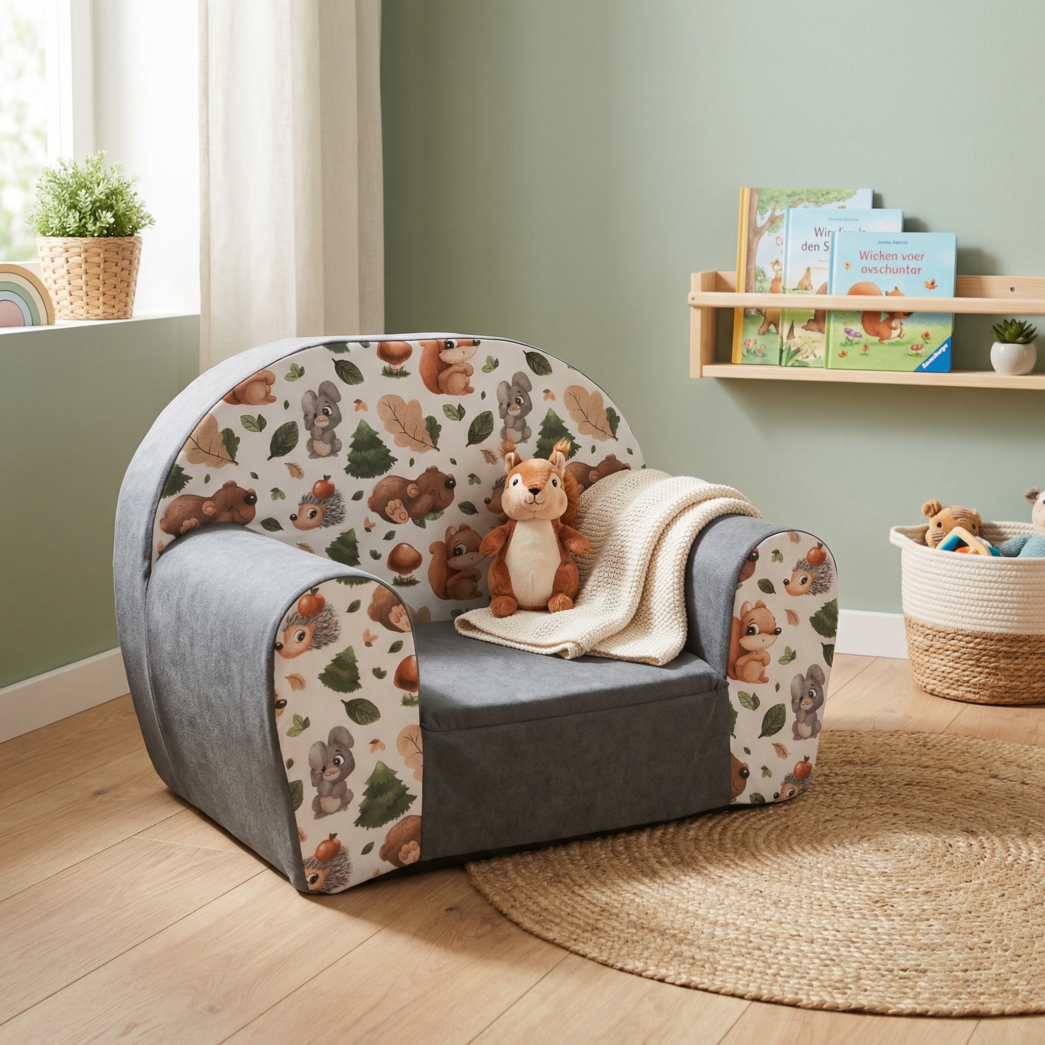 Kinderfauteuil - 60x40x45 cm - bos dieren - grijs