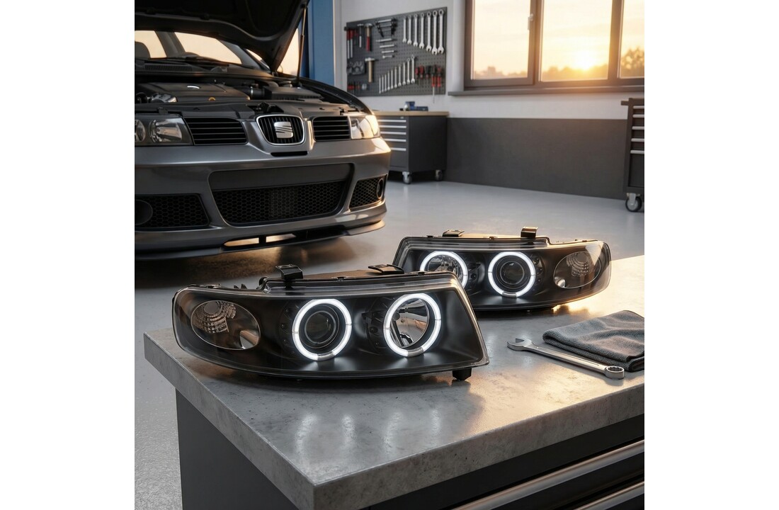 Koplampen geschikt voor SEAT LEON / TOLEDO 04 99-08 04 ANGEL EYES ZWART dual halo rims