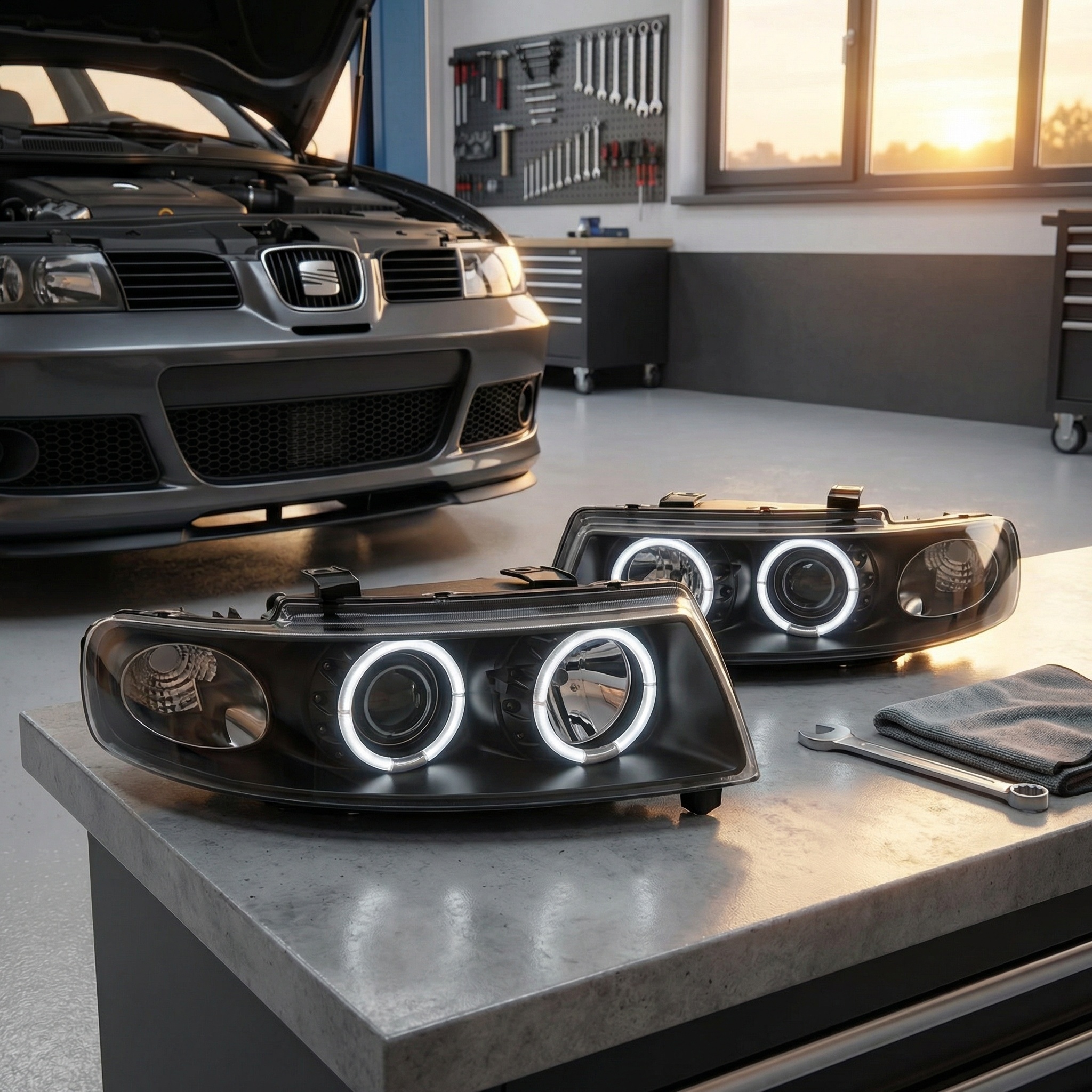 Koplampen geschikt voor SEAT LEON / TOLEDO 04 99-08 04 ANGEL EYES ZWART dual halo rims