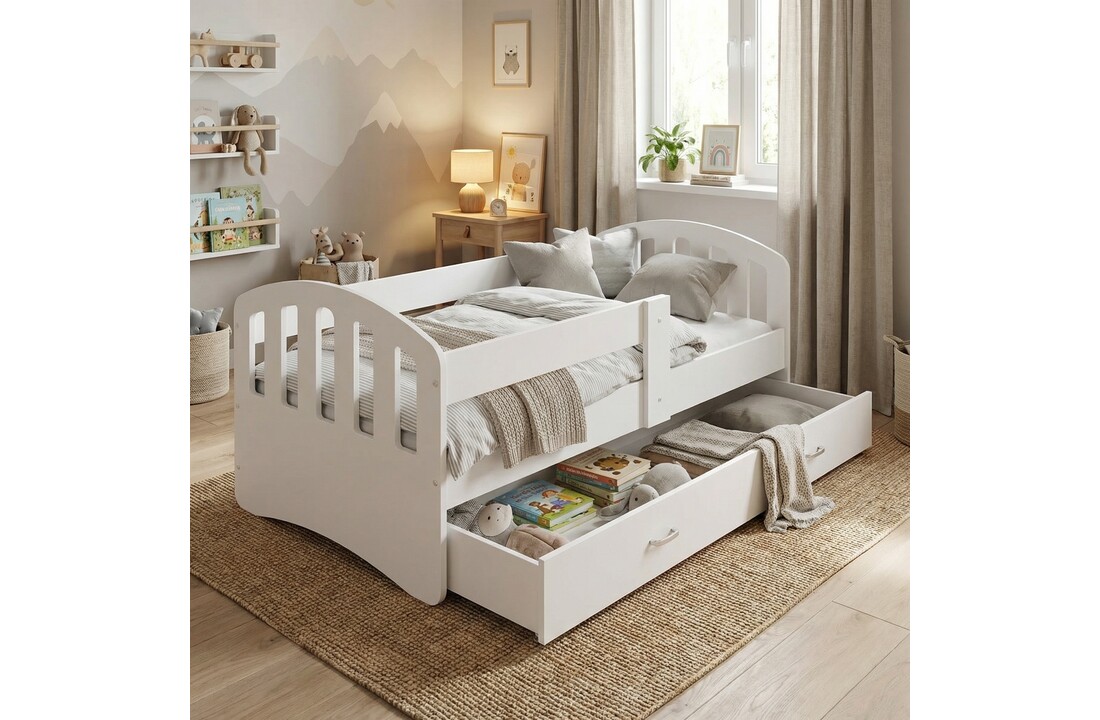 Kinderbed | Houten bed | 200x90cm | met matras en bedlade | wit