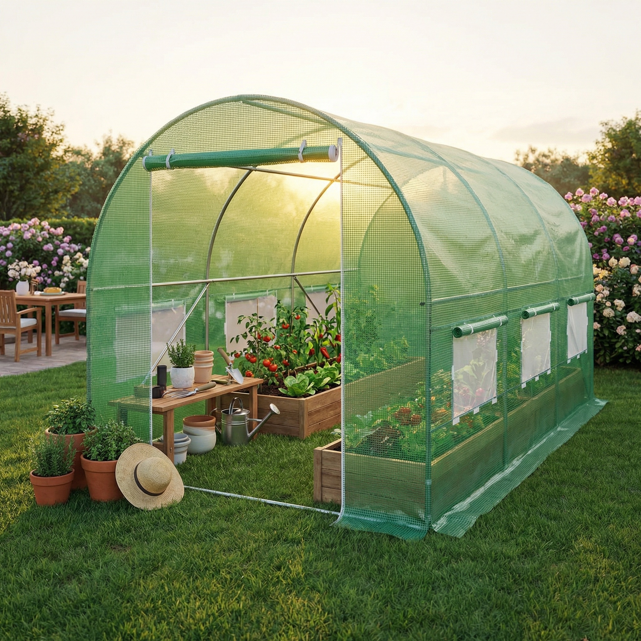 Tuinkas 4 x2,5x2 meter - 10m2 - metalen frame - klamboe ramen