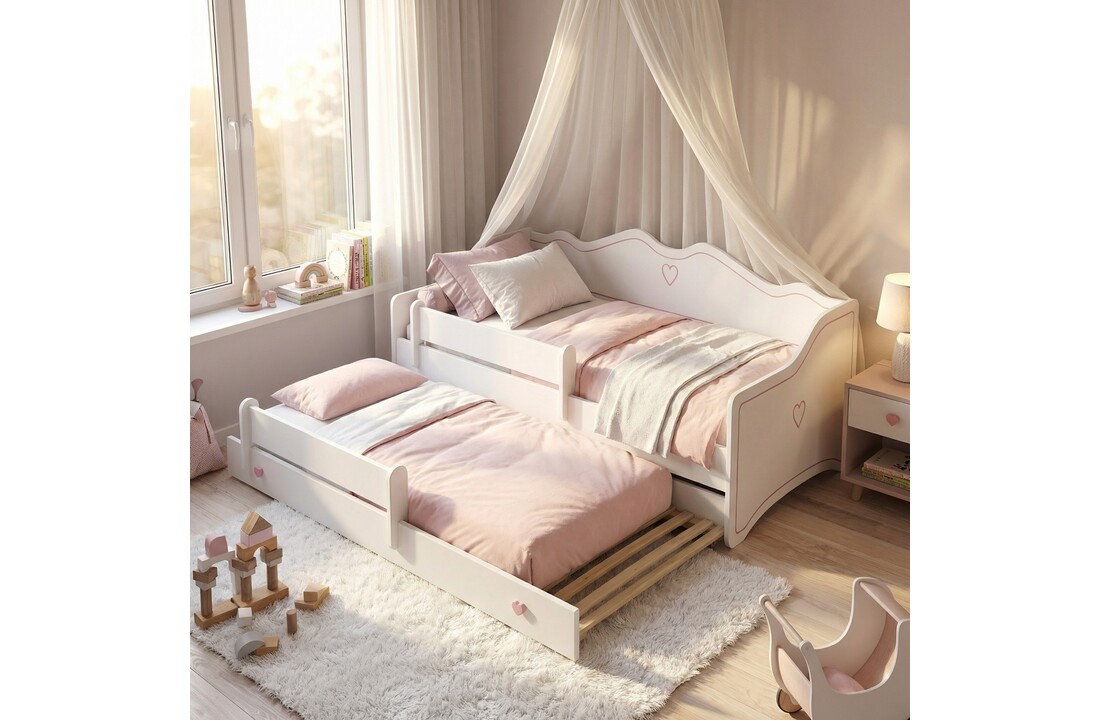 Peuterbed 80x160cm - met uitschuifbed en matras - wit roze