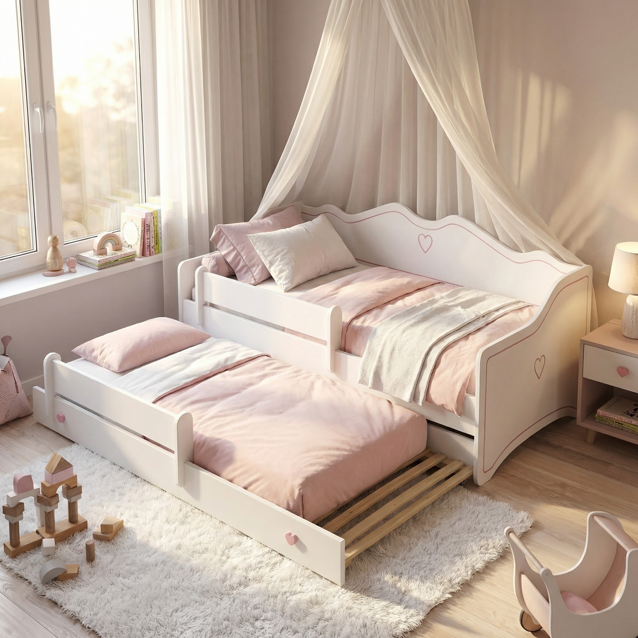 Peuterbed 80x160cm - met uitschuifbed en matras - wit roze