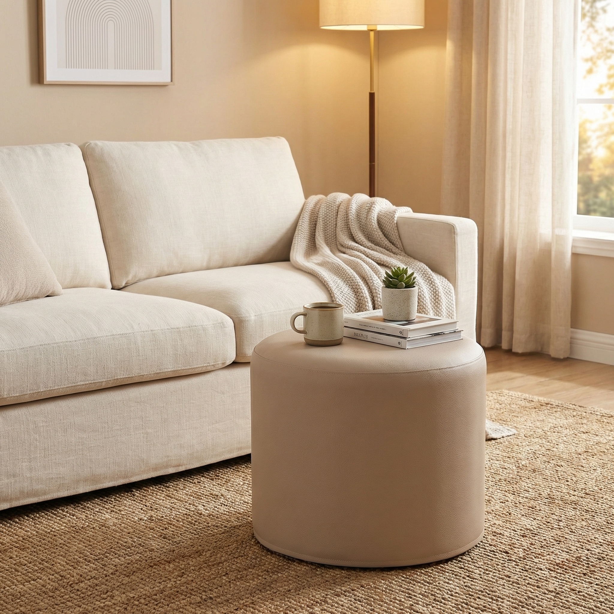 Poef - kunstleer - cappuccino - 43cm x 53cm - geschikt als bijzettafel