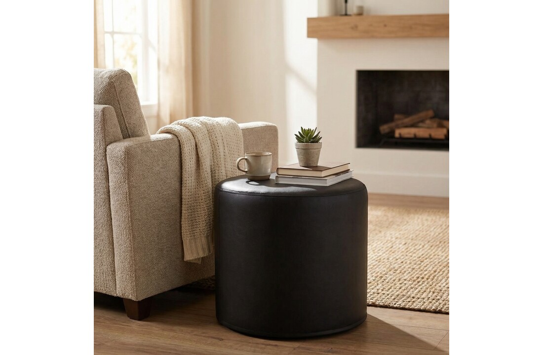 Poef - kunstleer - zwart - 43cm x 53cm - geschikt als bijzettafel