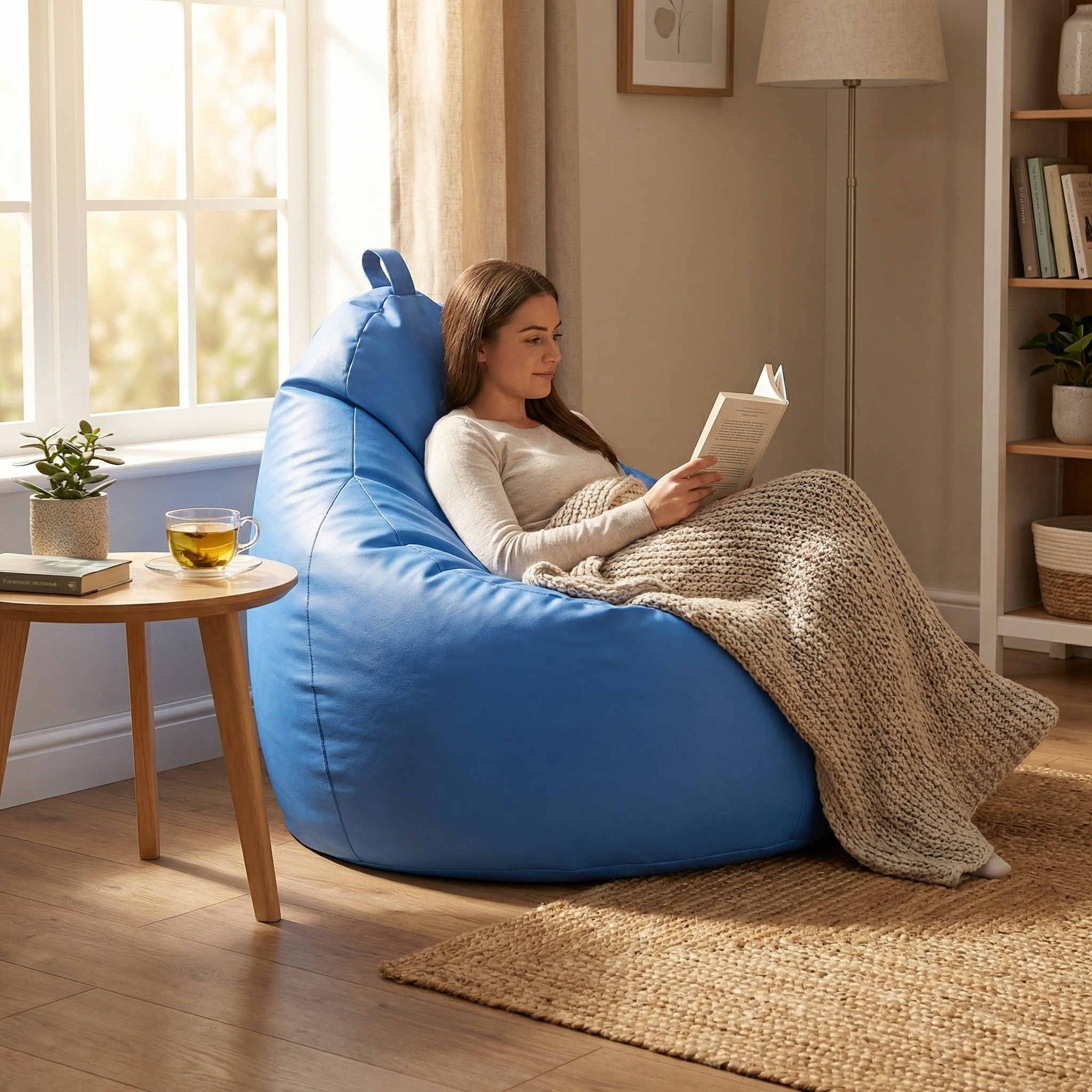 Zitzak fauteuil blauw - zitkussen relaxkussen - gevuld - kunstleer