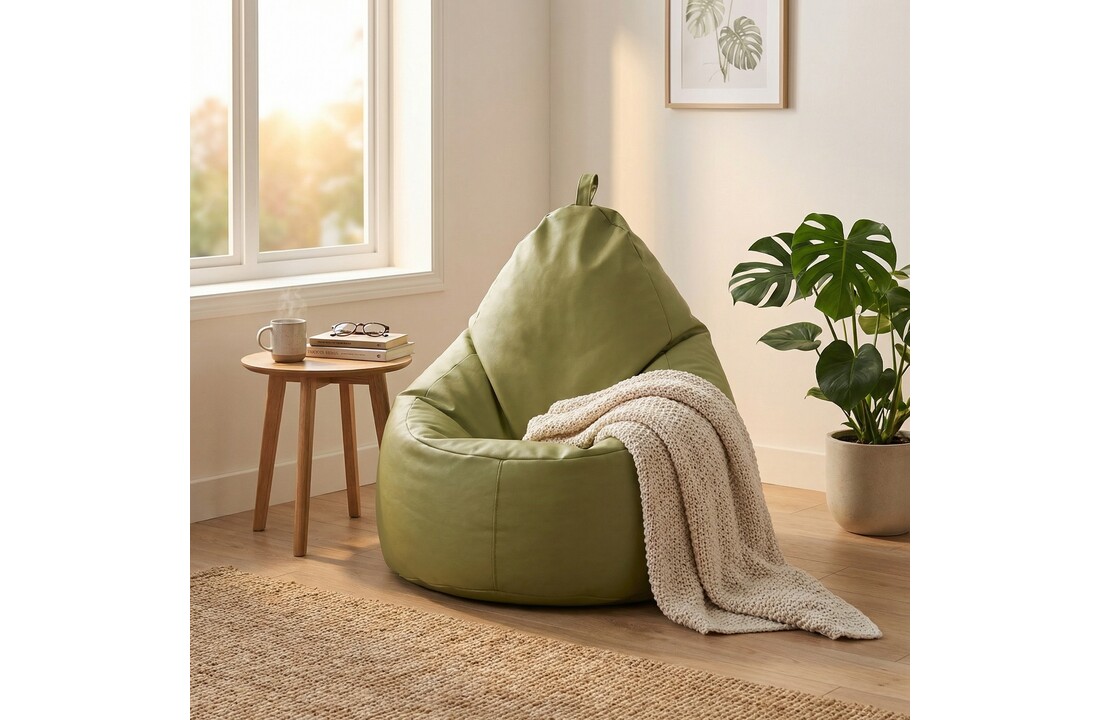 Zitzak fauteuil olijf groen - zitkussen relaxkussen - gevuld - kunstleer