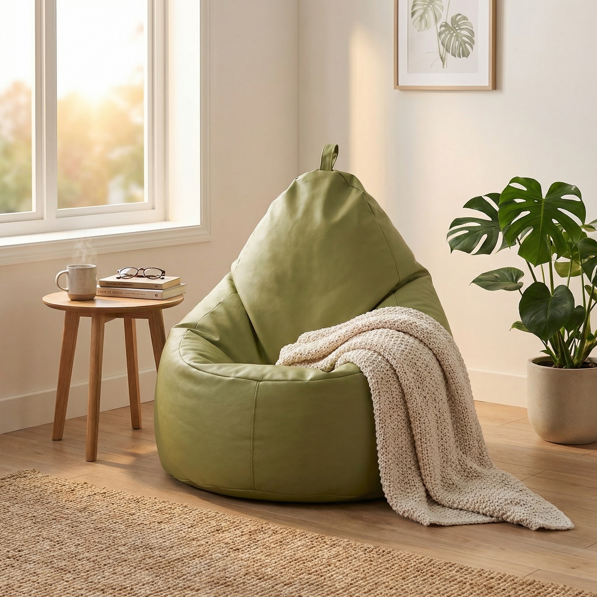 Zitzak fauteuil olijf groen - zitkussen relaxkussen - gevuld - kunstleer