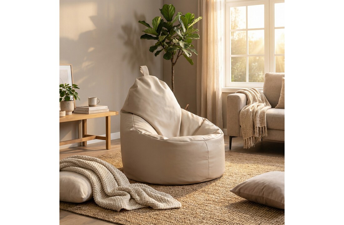 Zitzak fauteuil beige - zitkussen relaxkussen - gevuld - kunstleer