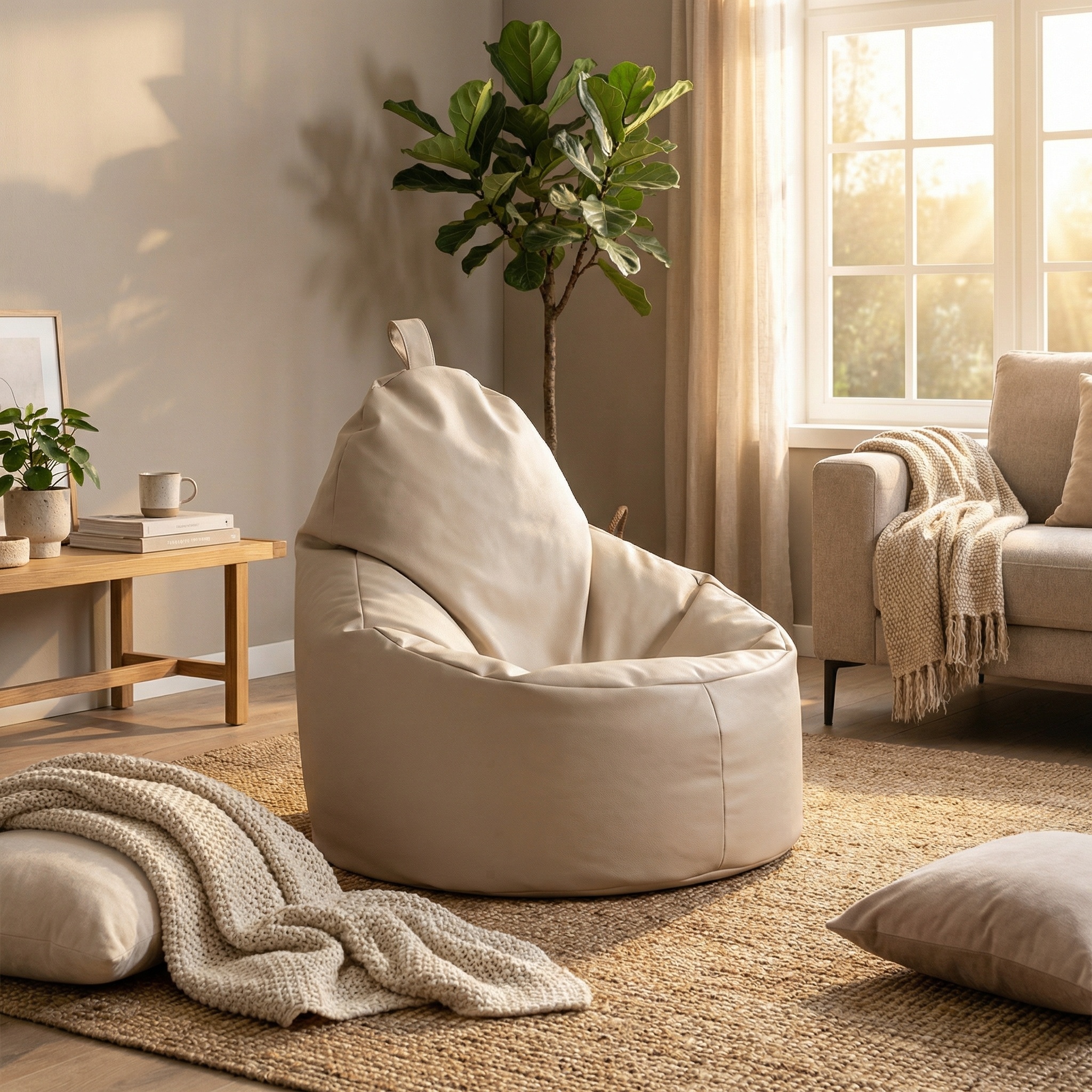 Zitzak fauteuil beige - zitkussen relaxkussen - gevuld - kunstleer