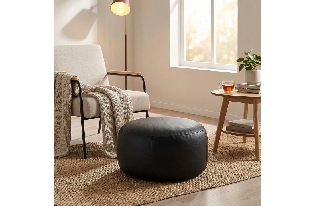 Klassieke kleine poef - kunstleer - zwart - 47cm x 24cm