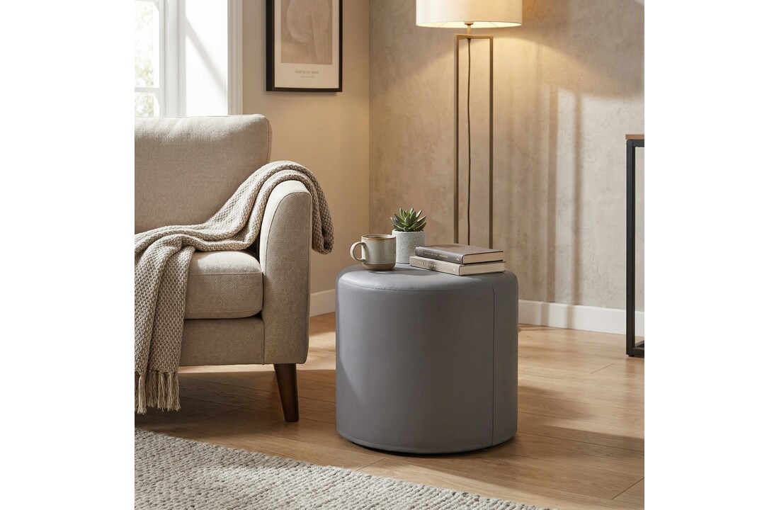 Poef - kunstleer - grijs - 43cm x 53cm - geschikt als bijzettafel