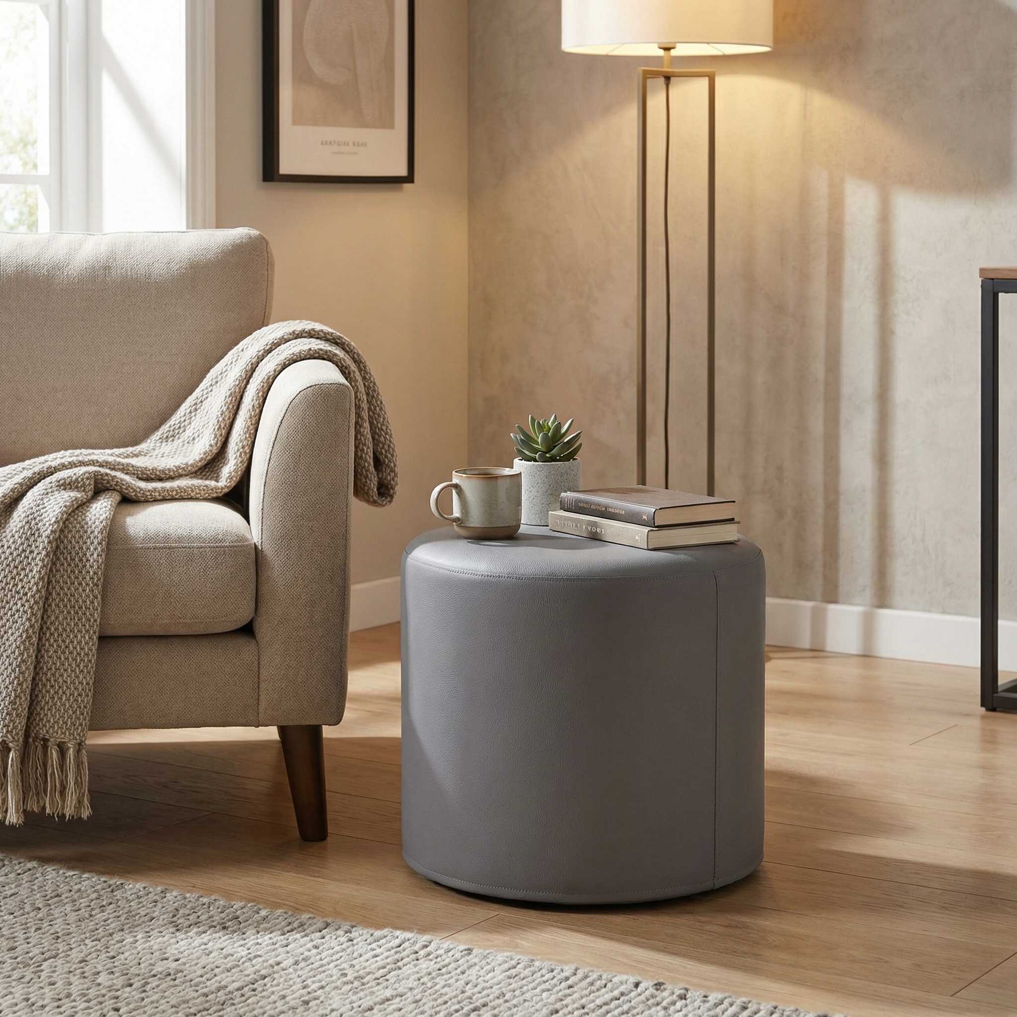 Poef - kunstleer - grijs - 43cm x 53cm - geschikt als bijzettafel