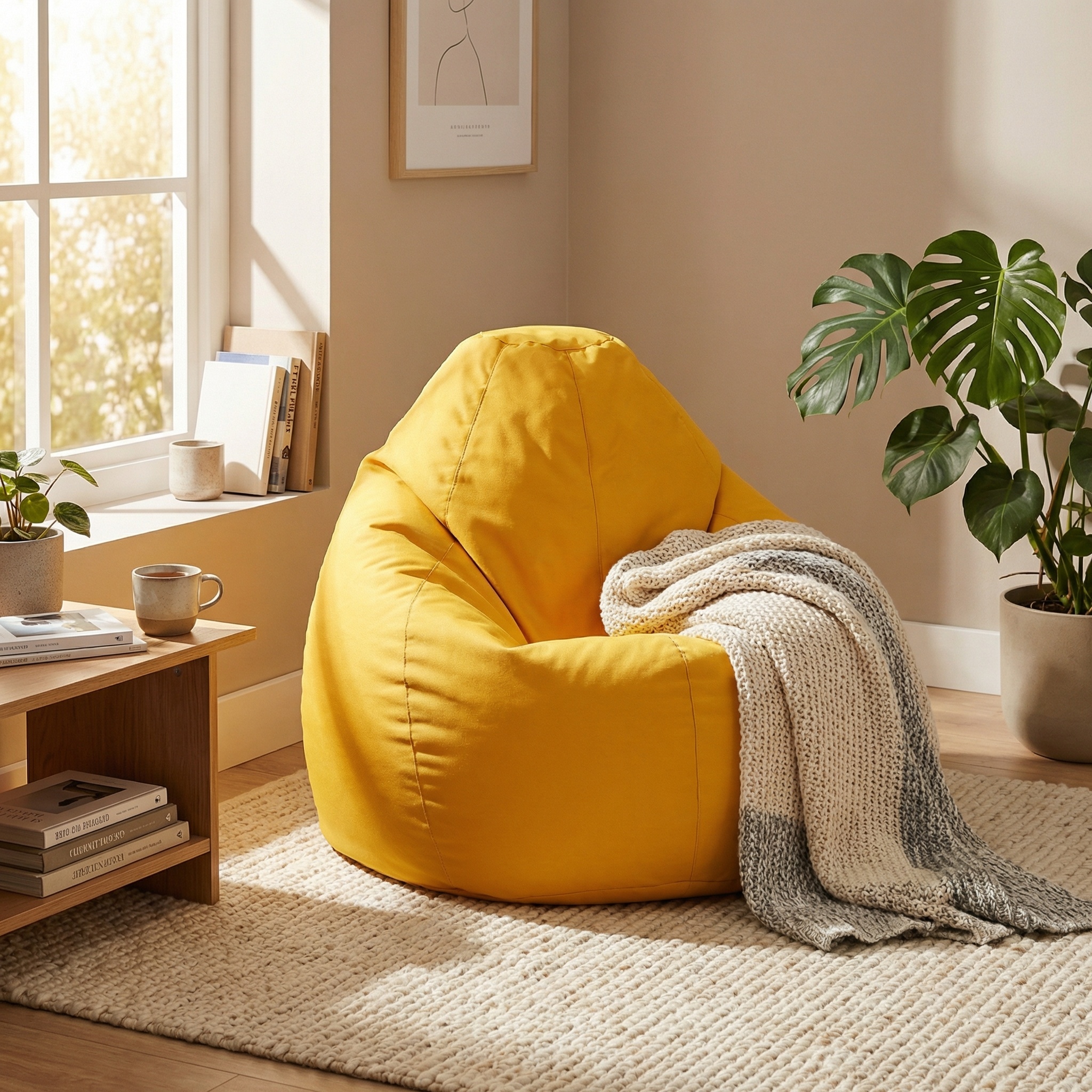 Zitzak fauteuil okergeel- loungestoel zitkussen relaxkussen