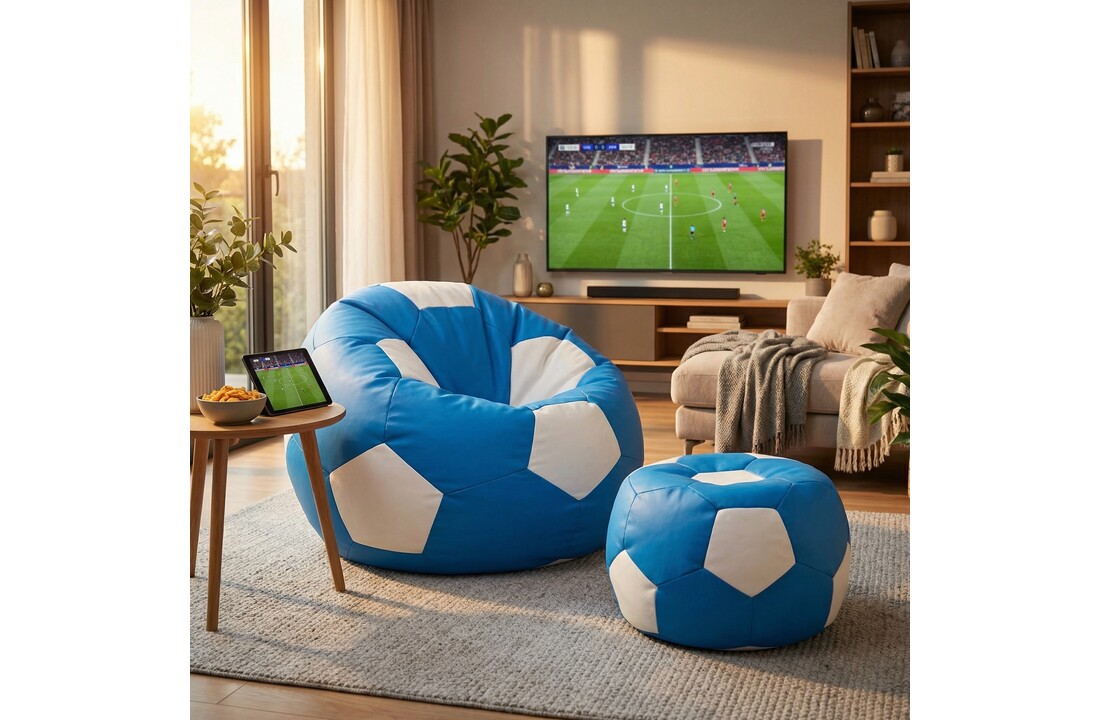 Loungestoel - zitzak - ecoleer - voetbal - blauw/wit