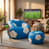 Loungestoel - zitzak - ecoleer - voetbal - blauw/wit
