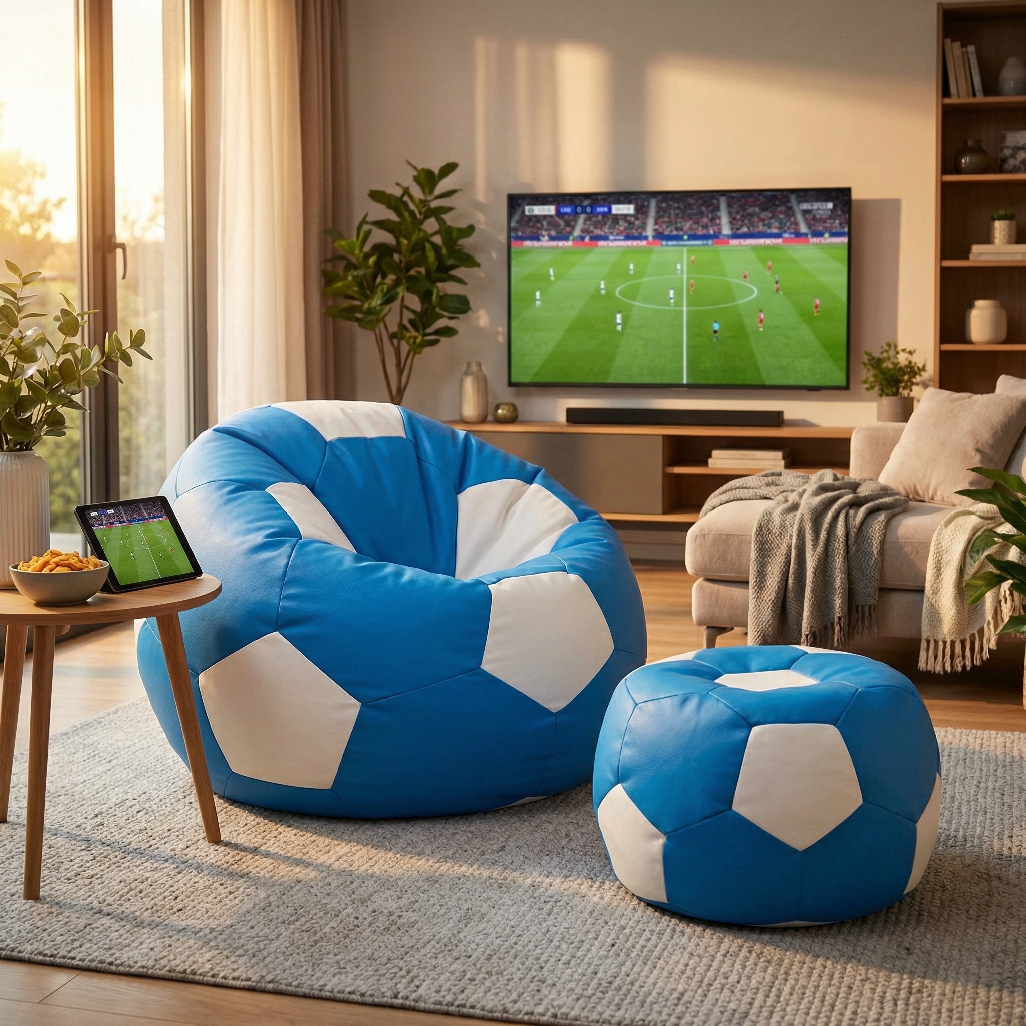 Loungestoel - zitzak - ecoleer - voetbal - blauw/wit