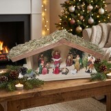 Kerststal hout met kerststal figuren - 45x16x26 cm - stro dak