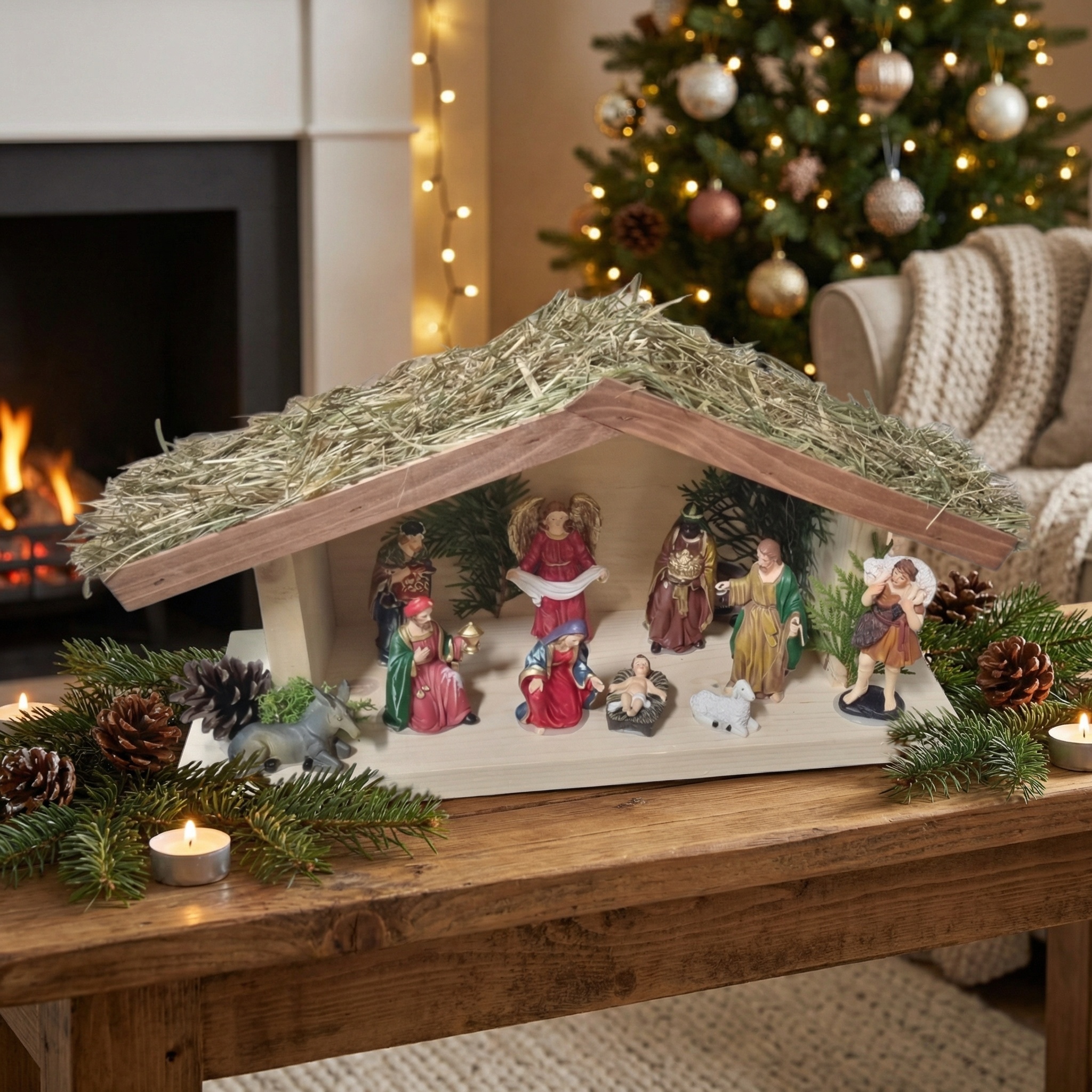 Kerststal hout met kerststal figuren - 45x16x26 cm - stro dak