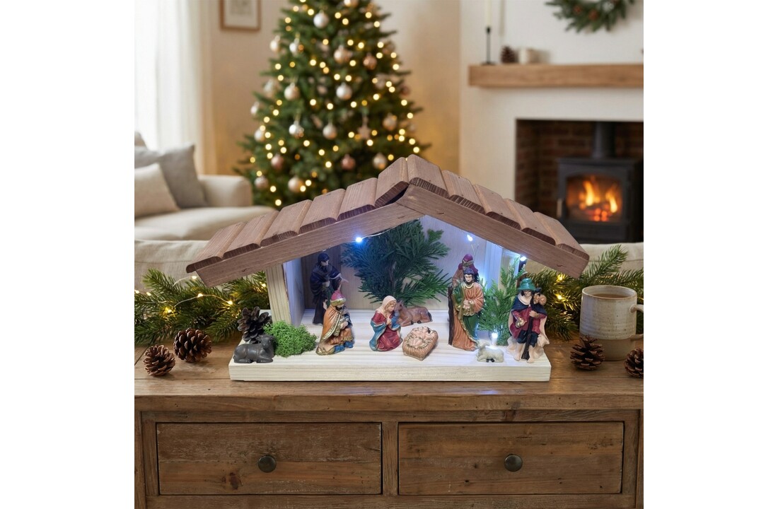 Kerststal hout met kerststal figuren - verlichting - 35x13x22cm
