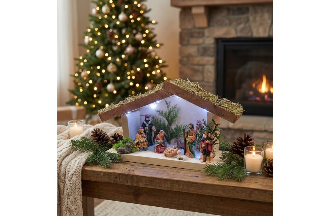 Kerststal hout met kerststal figuren - verlichting - 35x13x22 cm