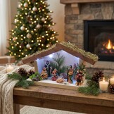 Kerststal hout met kerststal figuren - verlichting - 35x13x22 cm