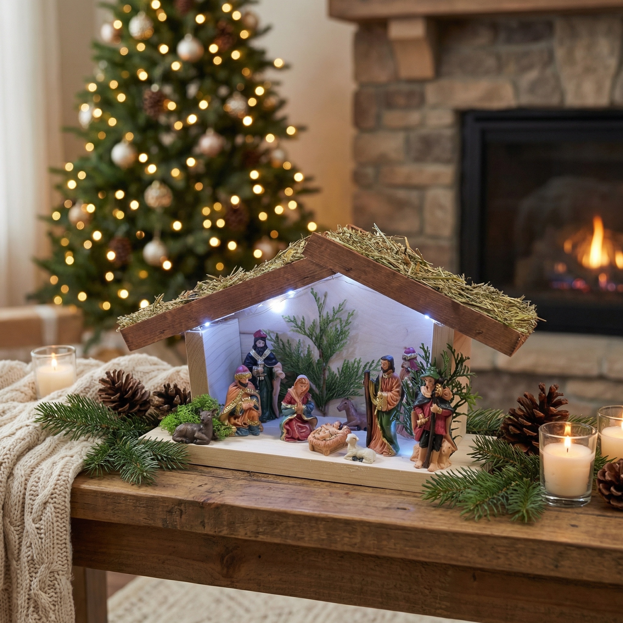 Kerststal hout met kerststal figuren - verlichting - 35x13x22 cm