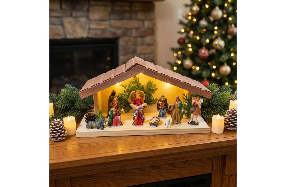 Kerststal hout met kerststal figuren - verlichting - 45x16x26 cm
