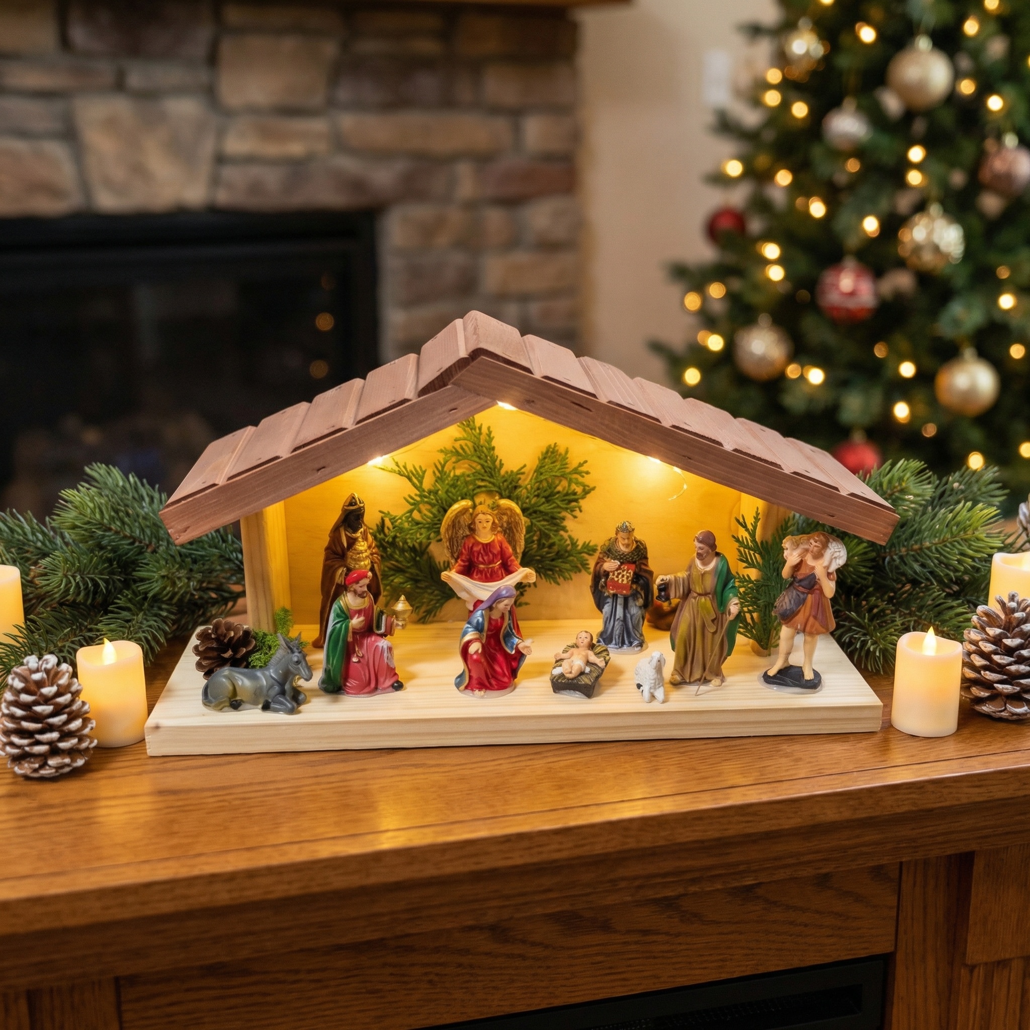 Kerststal hout met kerststal figuren - verlichting - 45x16x26 cm