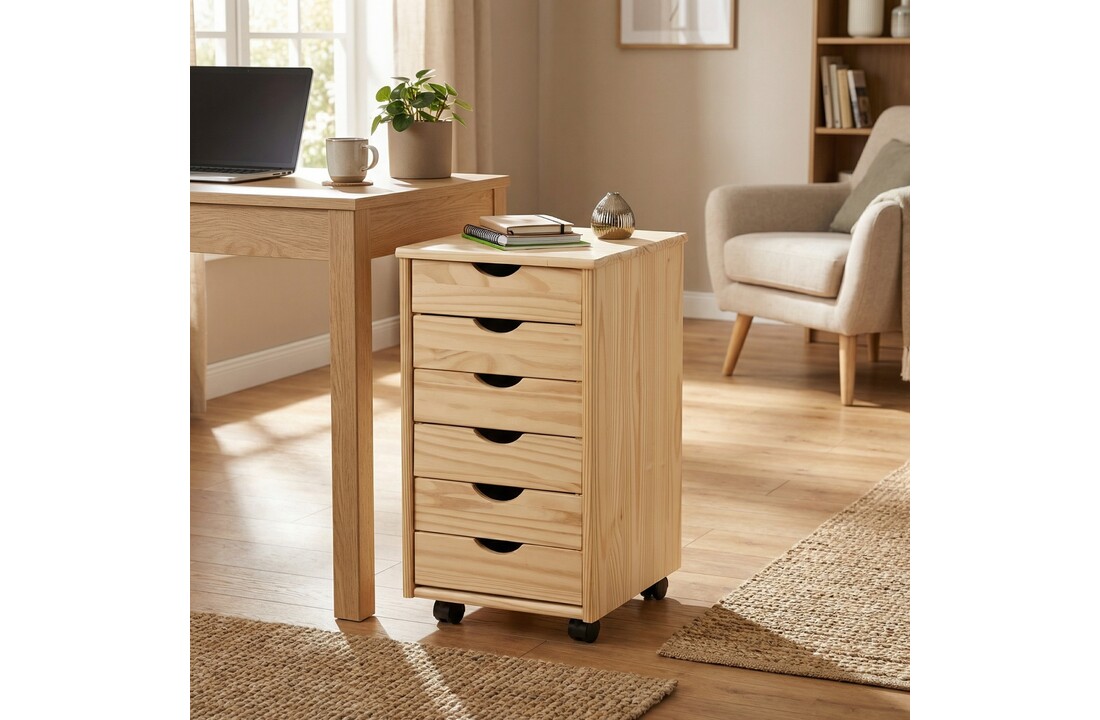 Ladekast NILS - 36x65x40 cm - met wieltjes - gelakt grenenhout