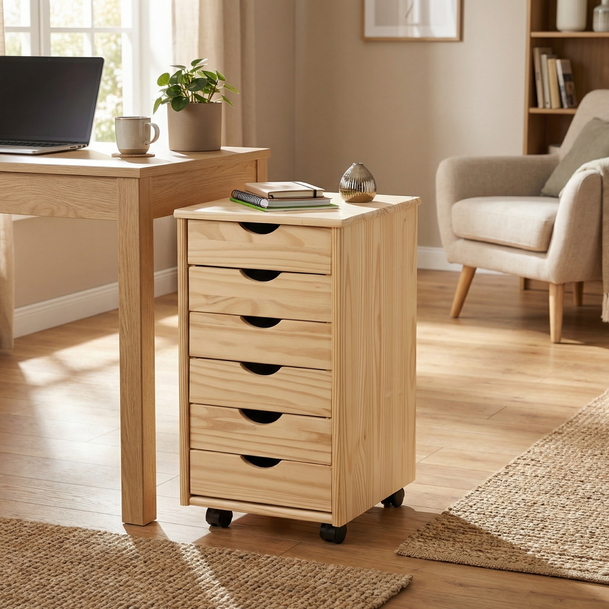 Ladekast NILS - 36x65x40 cm - met wieltjes - gelakt grenenhout