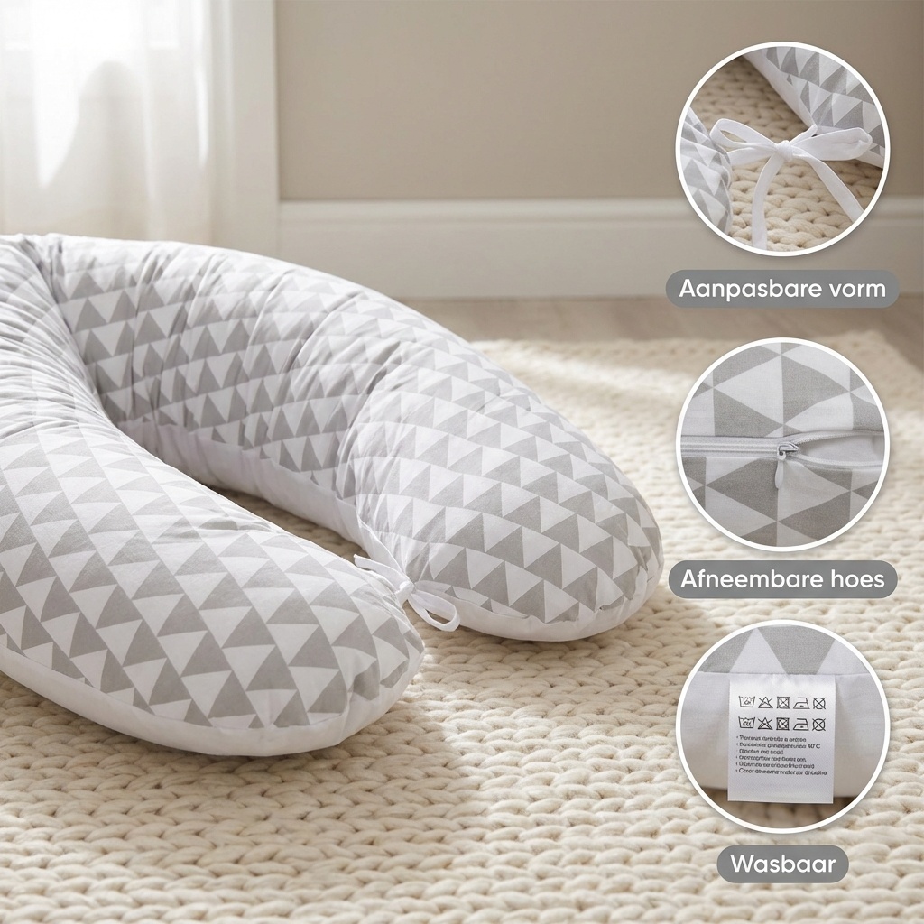 Voedingskussen - 100% katoen - witte/grijze driehoeken - 145 cm