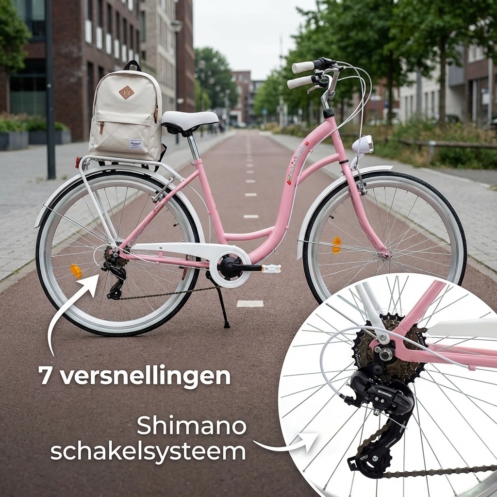 Meisjesfiets 26 inch - stadsfiets 7 versnellingen - roze wit