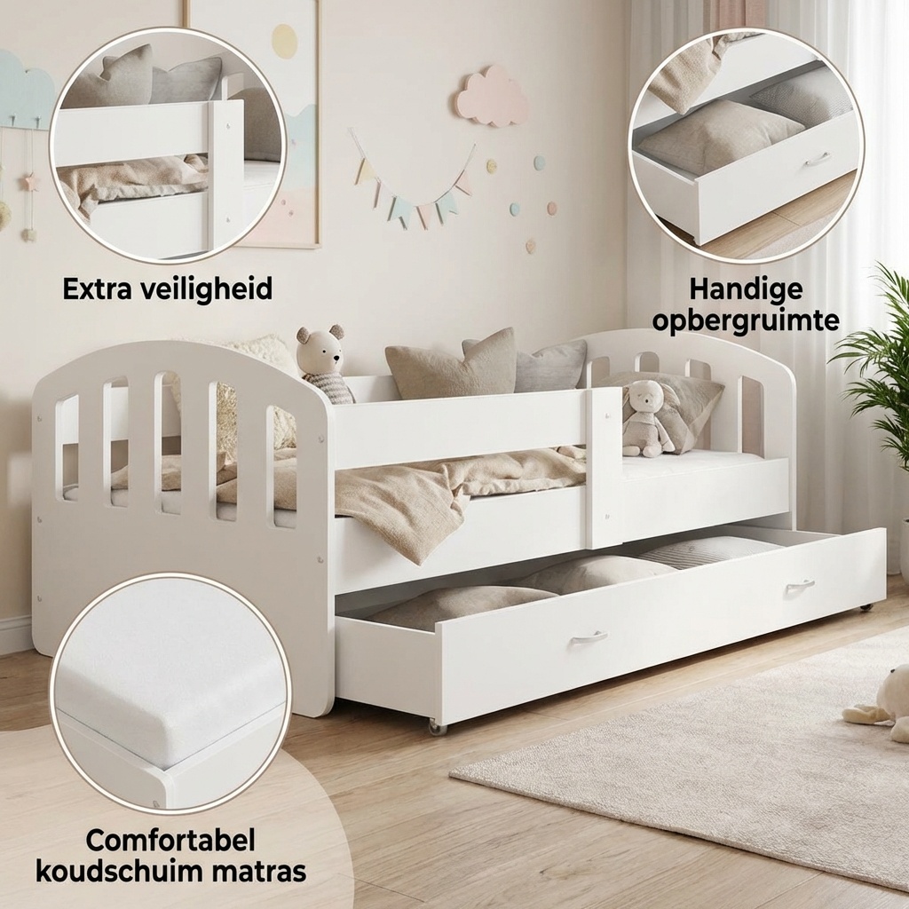Kinderbed inclusief matras | Wit | 200x90cm | Koudschuim | MDF & Grenen