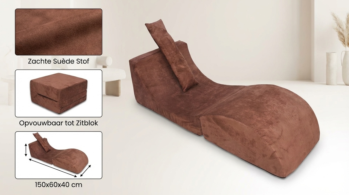 Relaxfauteuil bruin - Opvouwbaar, Suède, 150x60x40 cm