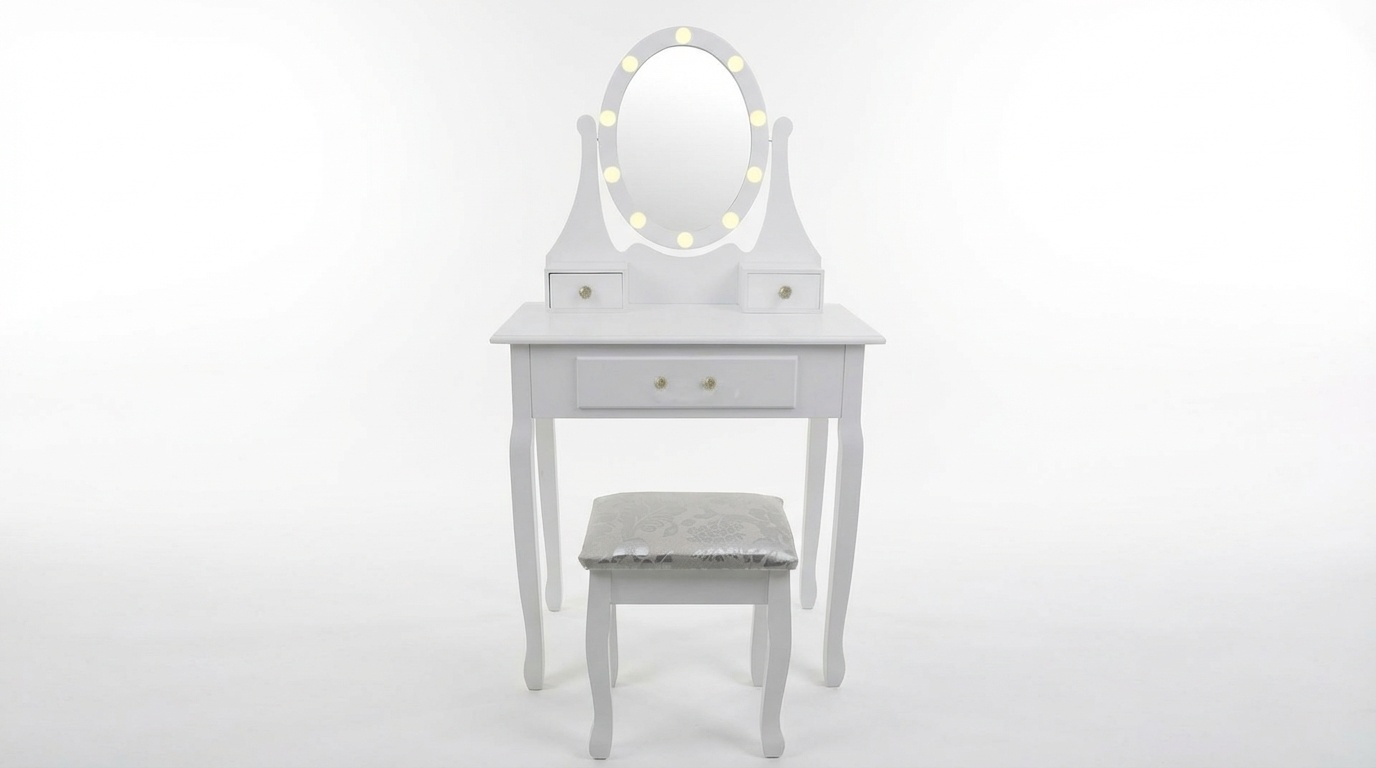 Kaptafel met spiegel en kruk - Wit Grenen/MDF 80x40x137cm