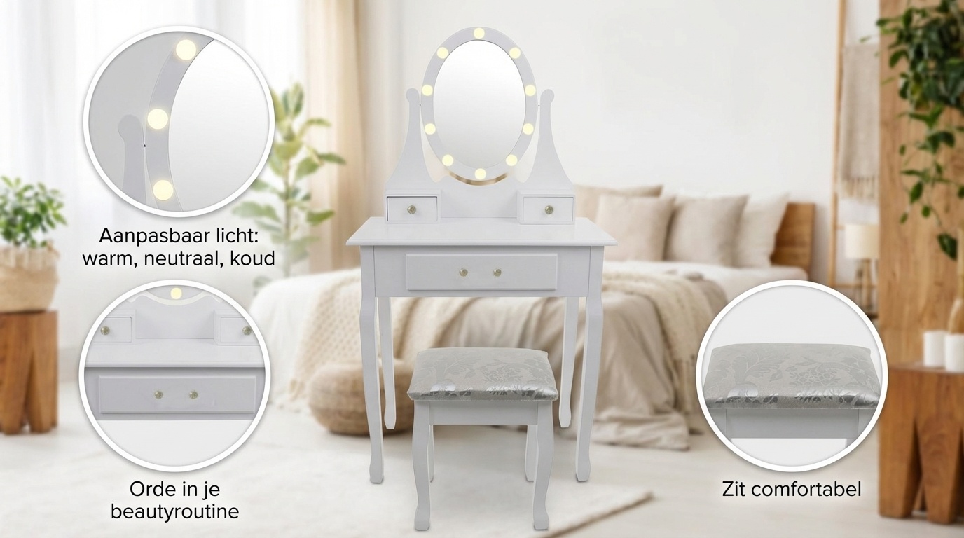 Kaptafel met spiegel en kruk - Wit Grenen/MDF 80x40x137cm