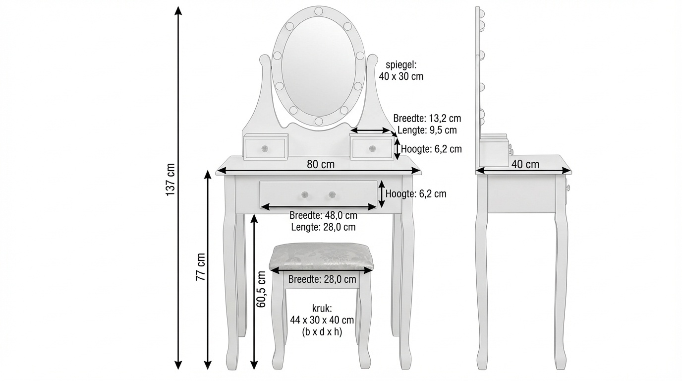 Kaptafel met spiegel en kruk - Wit Grenen/MDF 80x40x137cm
