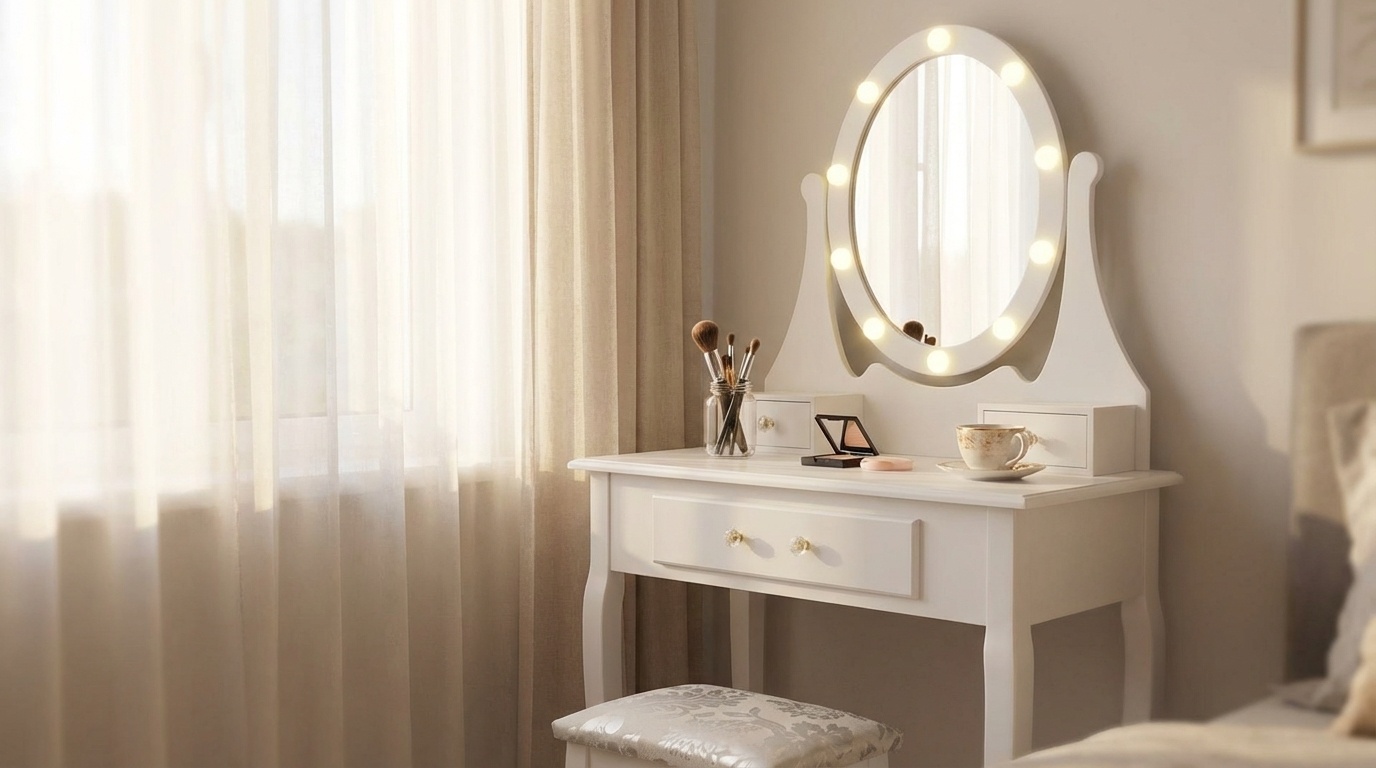 Kaptafel met spiegel en kruk - Wit Grenen/MDF 80x40x137cm