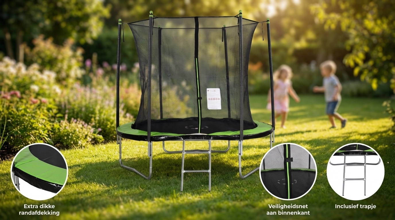Trampoline 244 cm rond - met net en ladder – groen/zwart