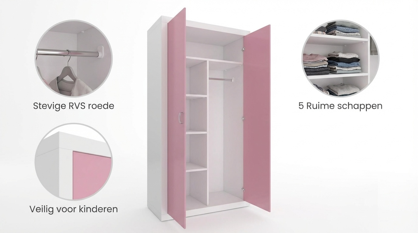 Kledingkast wit roze - 90x190x50cm MDF & Grenenhout