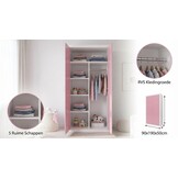 Kledingkast 90 cm breed - Wit/Roze MDF & Grenenhout 90x190x50cm
