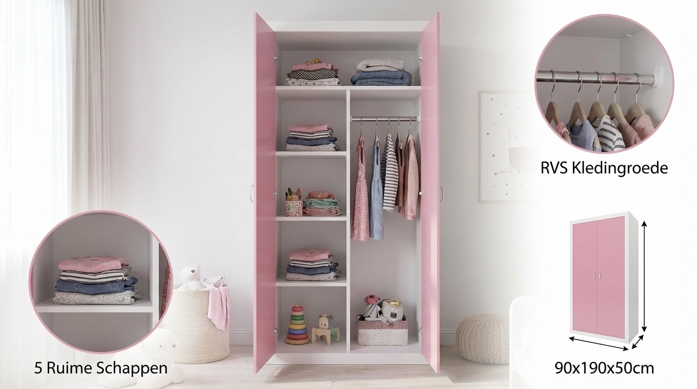 Kledingkast 90 cm breed - Wit/Roze MDF & Grenenhout 90x190x50cm