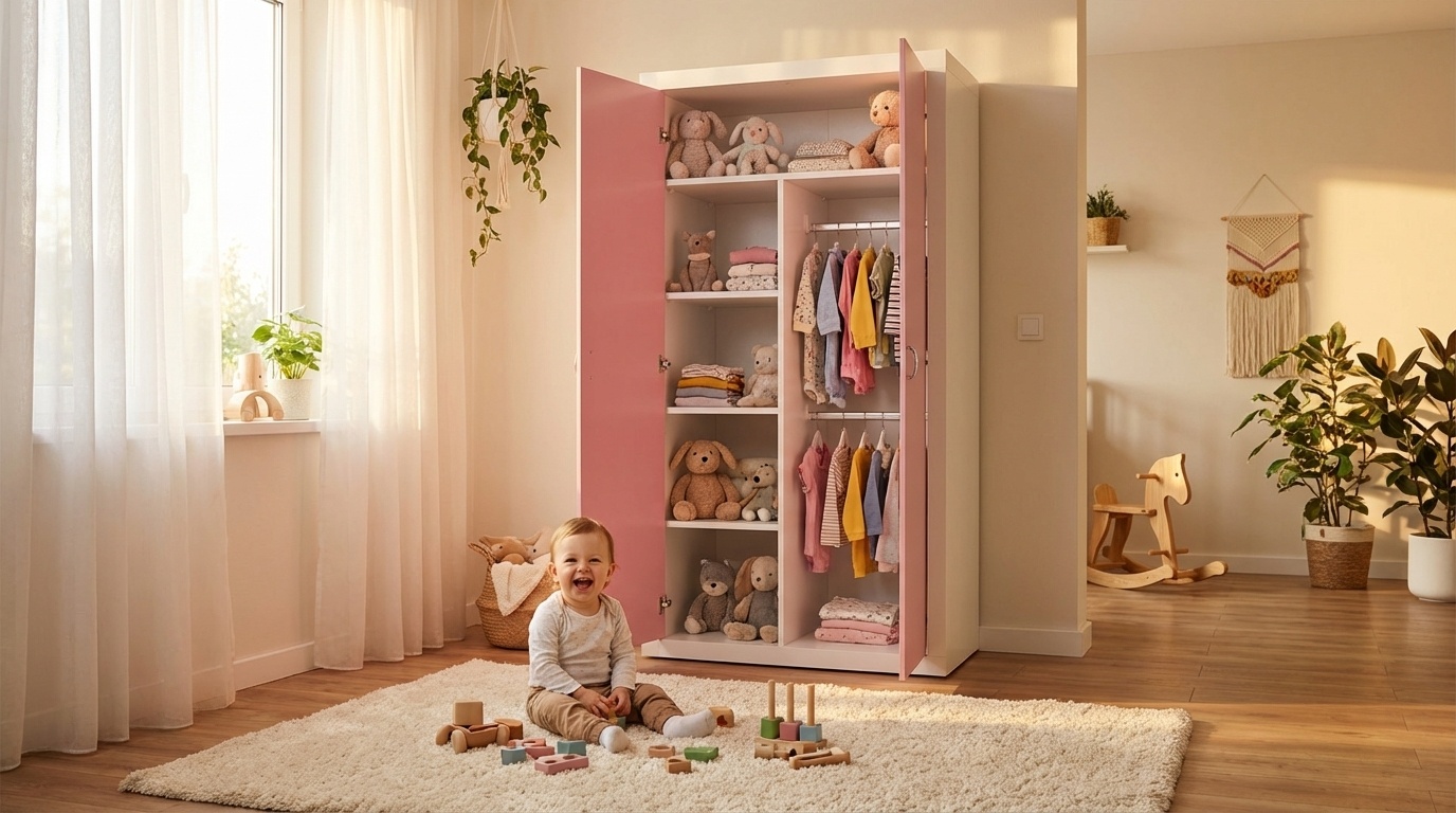 Kledingkast 90 cm breed - Wit/Roze MDF & Grenenhout 90x190x50cm