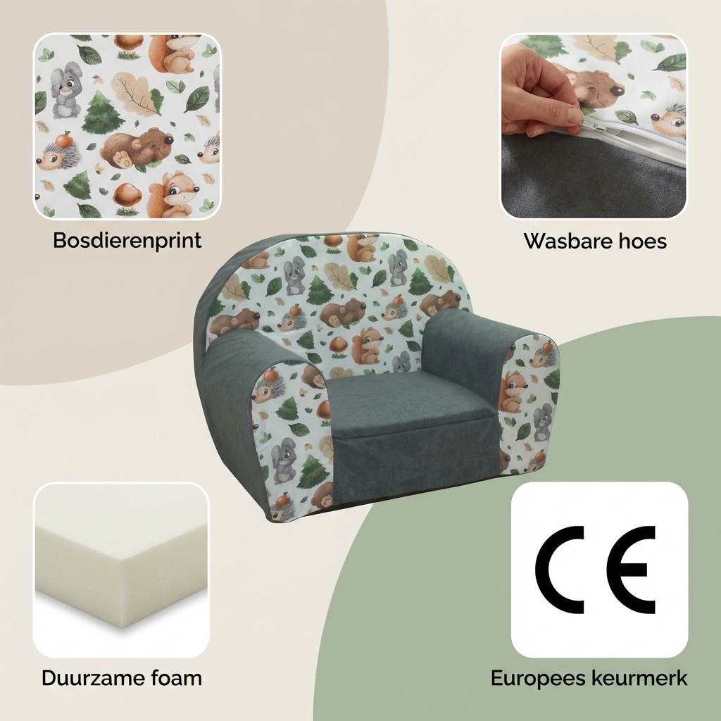 Kinderfauteuil - 60x40x45 cm - bos dieren - grijs