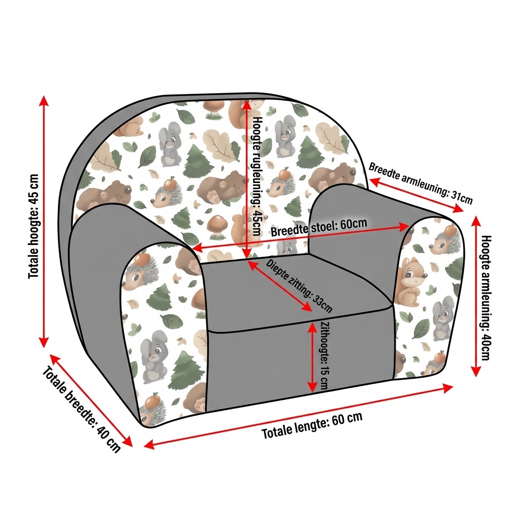 Kinderfauteuil - 60x40x45 cm - bos dieren - grijs