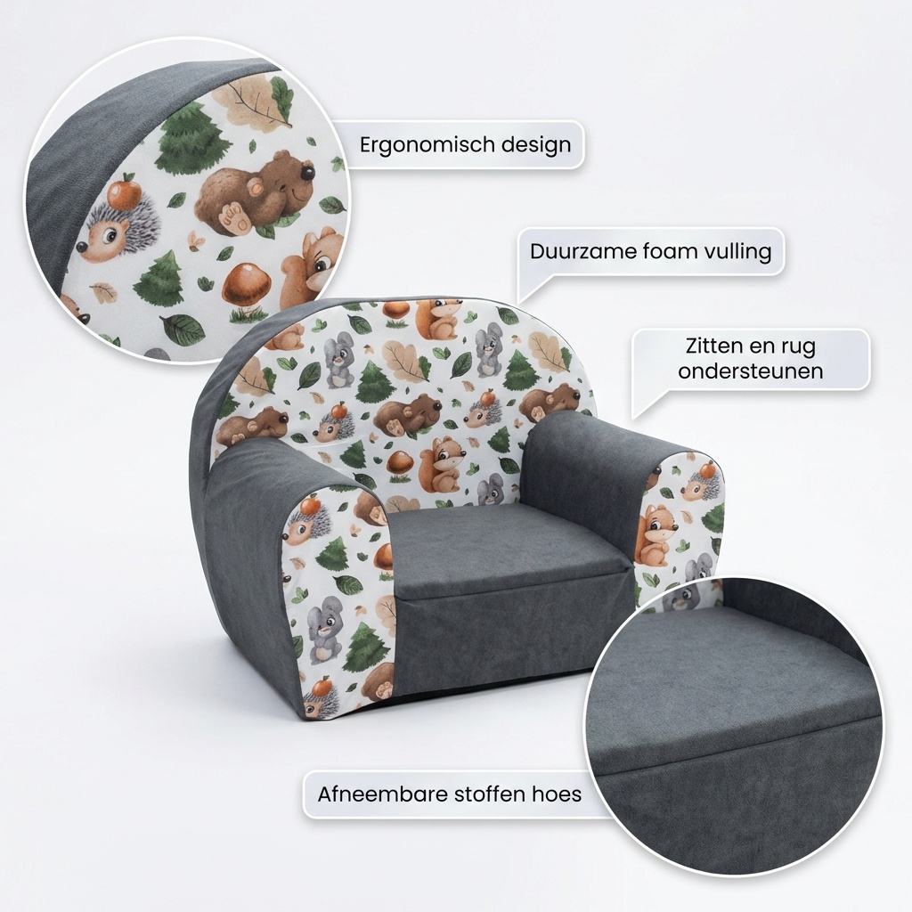Kinderfauteuil - 60x40x45 cm - bos dieren - grijs