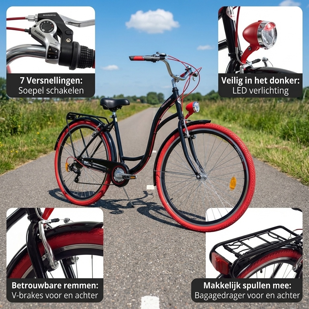 Meisjesfiets 26 inch - stadsfiets 7 versnellingen - zwart rood