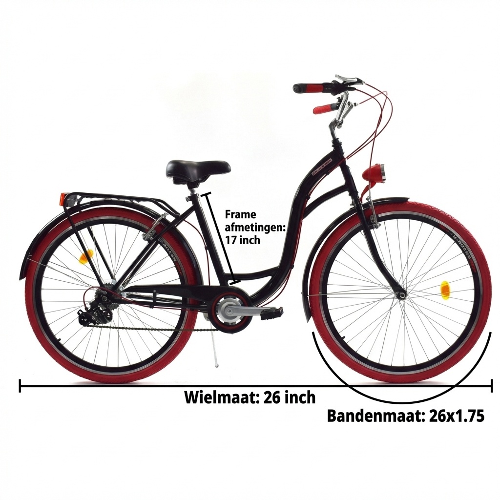 Meisjesfiets 26 inch - stadsfiets 7 versnellingen - zwart rood