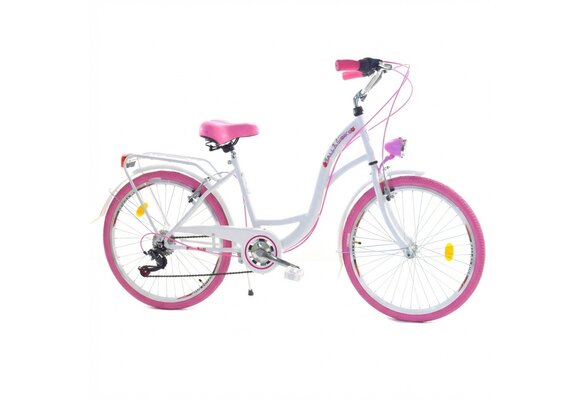 Meisjesfiets 26 inch - stadsfiets 7 versnellingen - wit roze